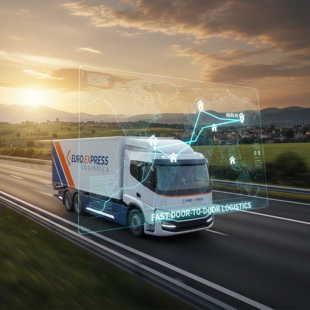 Euro Express Logisticsi kaubik sõidab päikeseloojangul maanteel, ümber digitaalne logistikakaart sihtkohtadega.